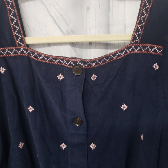 Madewell Navy Corduroy Embroidered Button Up Peasant Blouse Size 2X - Picture 9 of 14